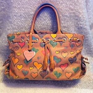 Dooney & Bourke Tan Tote with Colorful Hearts